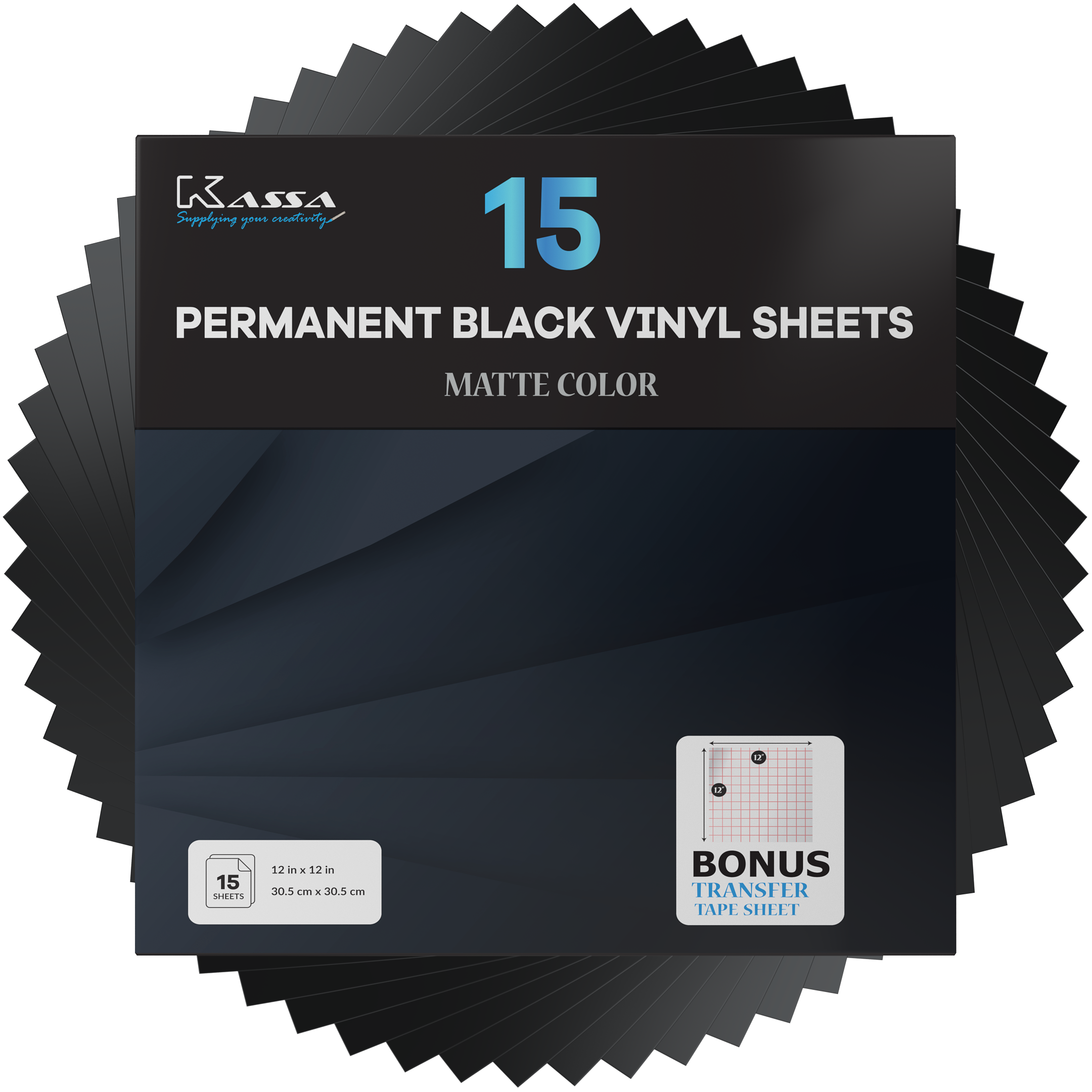Kassa Permanent Black Vinyl Sheets (15 Pack, 12” x 12”) - Includes